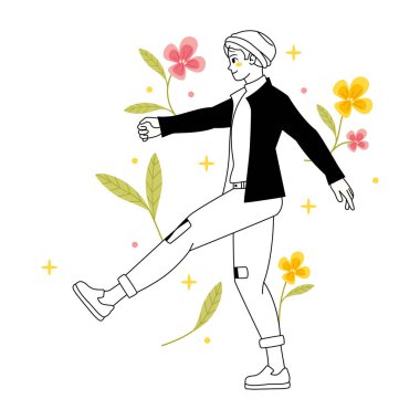 Çiçeklerle izole edilmiş genç erkek karakter. Vektör çizimi.