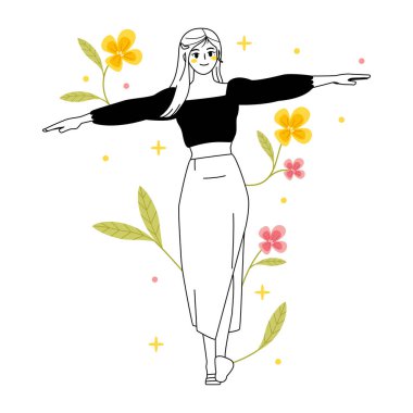 Çiçeklerle izole edilmiş genç kadın karakter Vektör çizimi