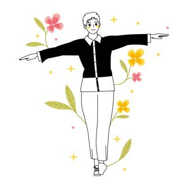 Çiçeklerle izole edilmiş genç erkek karakter. Vektör çizimi.