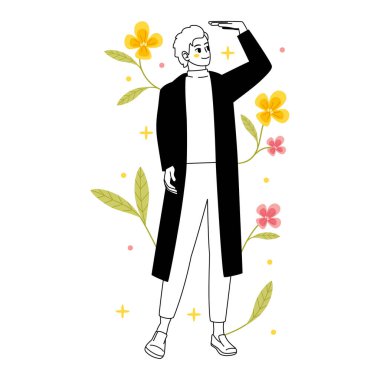 Çiçeklerle izole edilmiş genç erkek karakter. Vektör çizimi.