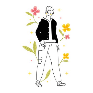 Çiçeklerle izole edilmiş genç erkek karakter. Vektör çizimi.