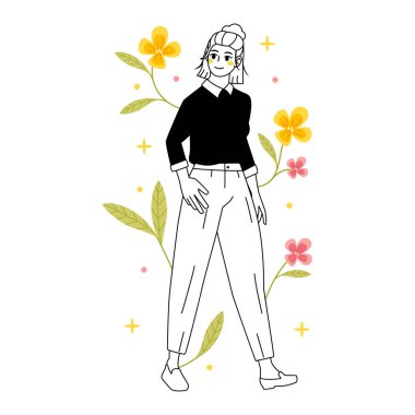 Çiçeklerle izole edilmiş genç kadın karakter Vektör çizimi
