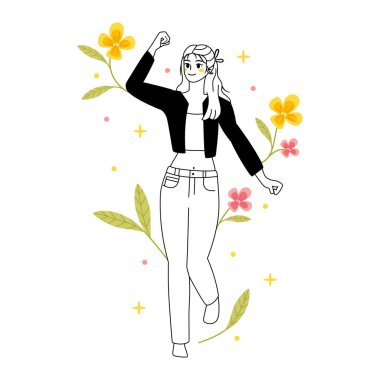 Çiçeklerle izole edilmiş genç kadın karakter Vektör çizimi