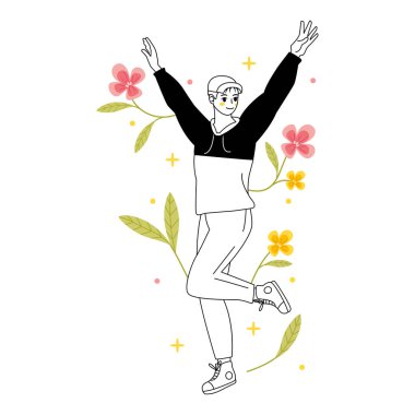 Çiçeklerle izole edilmiş genç erkek karakter. Vektör çizimi.