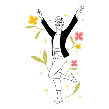 Çiçeklerle izole edilmiş genç kadın karakter Vektör çizimi