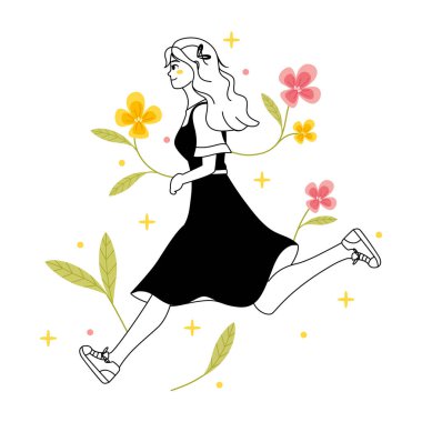 Çiçeklerle izole edilmiş genç kadın karakter Vektör çizimi