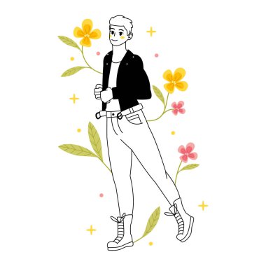 Çiçeklerle izole edilmiş genç erkek karakter. Vektör çizimi.