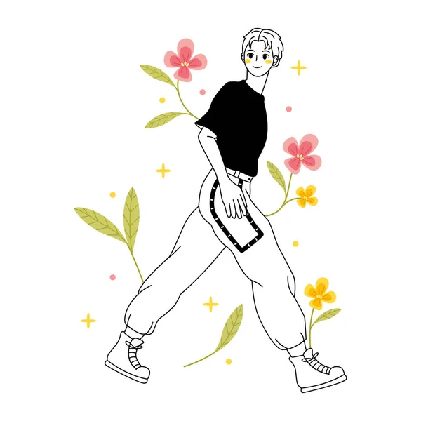 花と隔離された若い男性のキャラクターベクトルイラスト — ストックベクタ