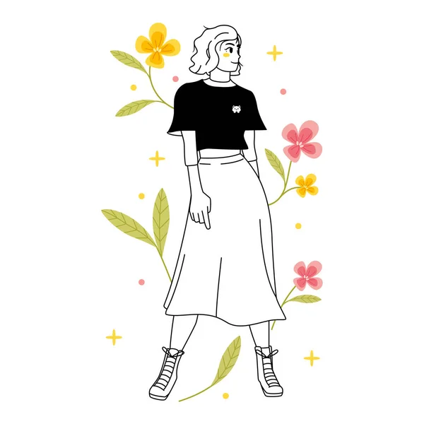 Isolierte Junge Weibliche Figur Mit Blumen Vector Illustration — Stockvektor