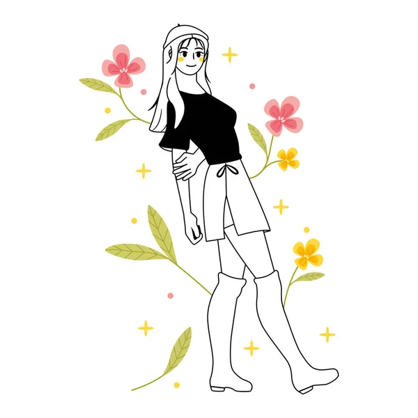 Personaje Femenino Joven Aislado Con Flores Ilustración Vectorial — Vector de stock