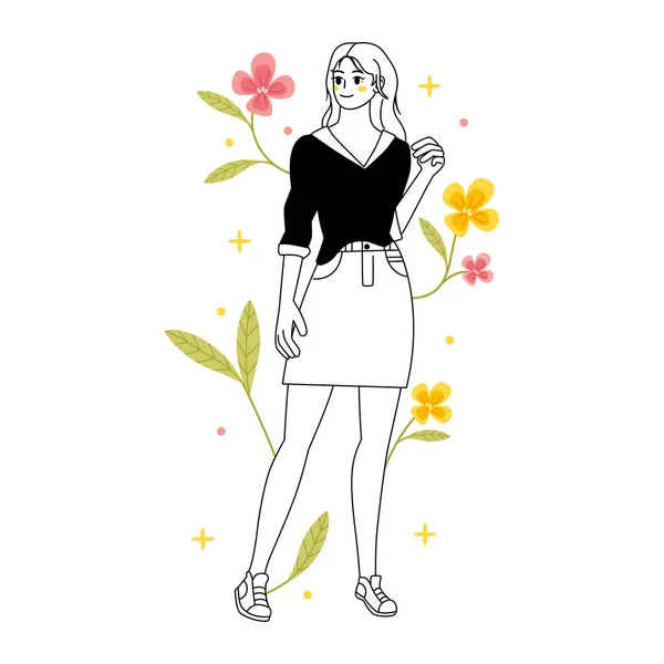 Personaje Femenino Joven Aislado Con Flores Ilustración Vectorial — Vector de stock