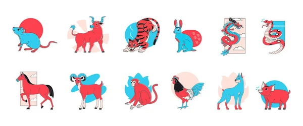 Set Colorati Animali Segno Zodiacale Cinese Illustrazione Vettoriale — Vettoriale Stock