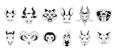 Monokrom Çin burcu işaretli hayvanlar. Vektör illüstrasyonu.