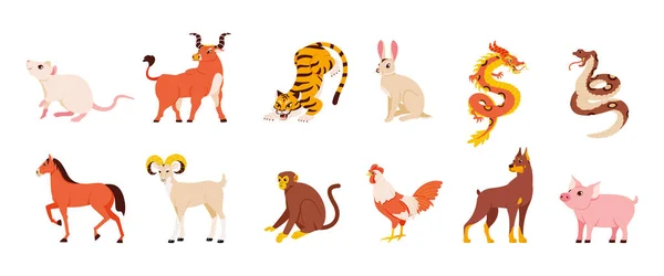Set Colored Chinese Zodiac Sign Animals Vector Illustration — Stock Vector