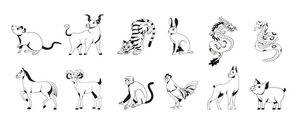 Sada Monochromatický Čínský Zvěrokruh Znamení Zvířata Vektorové Ilustrace — Stockový vektor