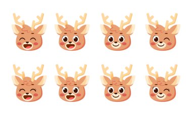 Sevimli mutlu ren geyiği avatar karakter kümesi Vektör illüstrasyonu