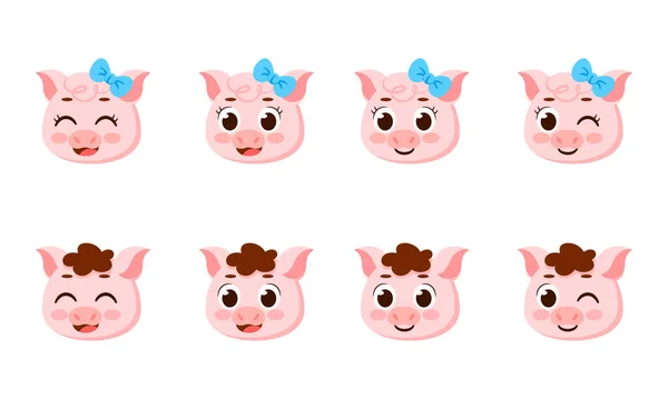 Set Cute Happy Pig Avatar Characters Vector Illustration — Stock Vector