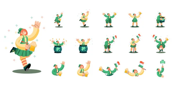 Cartoon Leprechaun Saint Patrick Character Isolated Set — Stock Vector