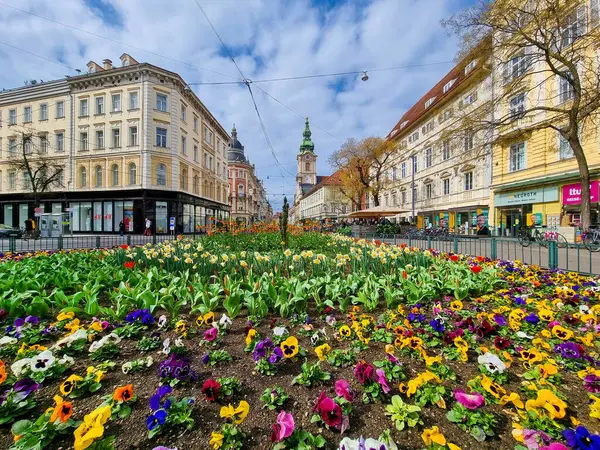 グラーツ オーストリア 2023 バックグラウンドのジャキミンピプラッツ広場と教区教会のカラフルな春の花 グラーツの街で有名なアトラクション ステアマーク地域 オーストリア ストック写真
