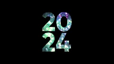 Mutlu yıllar 2024 neon ışıkları parıldıyor. Havai fişek 2024 mutlu yeni yıl karanlık gece arkaplanı dekorasyonu ile siyah arkaplan üzerinde neon bir numara. 4K Video.