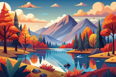 Göl ve vektör illüstrasyonlu sonbahar manzarası.