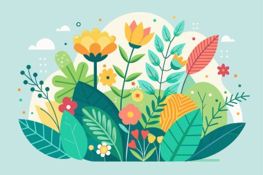 Moda düz stil vektör illüstrasyonu - bahar ve yaz arkaplanı metin için kopya alanı - bitkiler, yapraklar, çiçekler - afiş, tebrik kartı, poster ve adves için zemin
