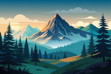 Gerçekçi dağlar manzara. Sabah ahşap panorama, çam ağaçları ve dağlar siluetleri. Vektör orman yürüyüş arka plan.