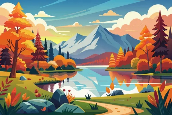 Autumn landscape with lake, vector illustration