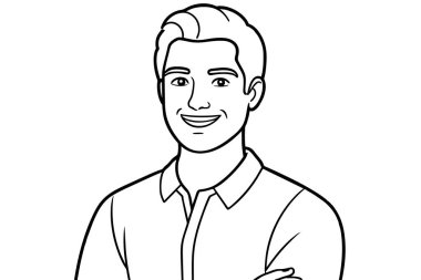 Katlanmış kolları, çizgi sanatı, vektör illüstrasyonuyla yakışıklı, gülümseyen genç adamın portresi.