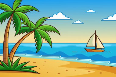 Yaz tatili arka planında yelkenli ve palmiye ağaçlarıyla tropik plaj manzarası