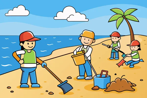 Vector Personas Limpiando Las Playas Juntos — Vector de stock