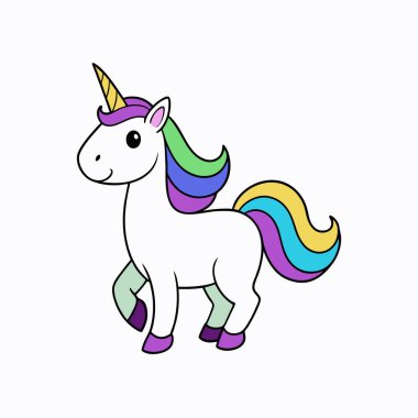 Gökkuşağı yelesi ve kuyruğu, altın boynuzu, mor ayakları ve toynakları olan tek boynuzlu bir at çizgi filmi..