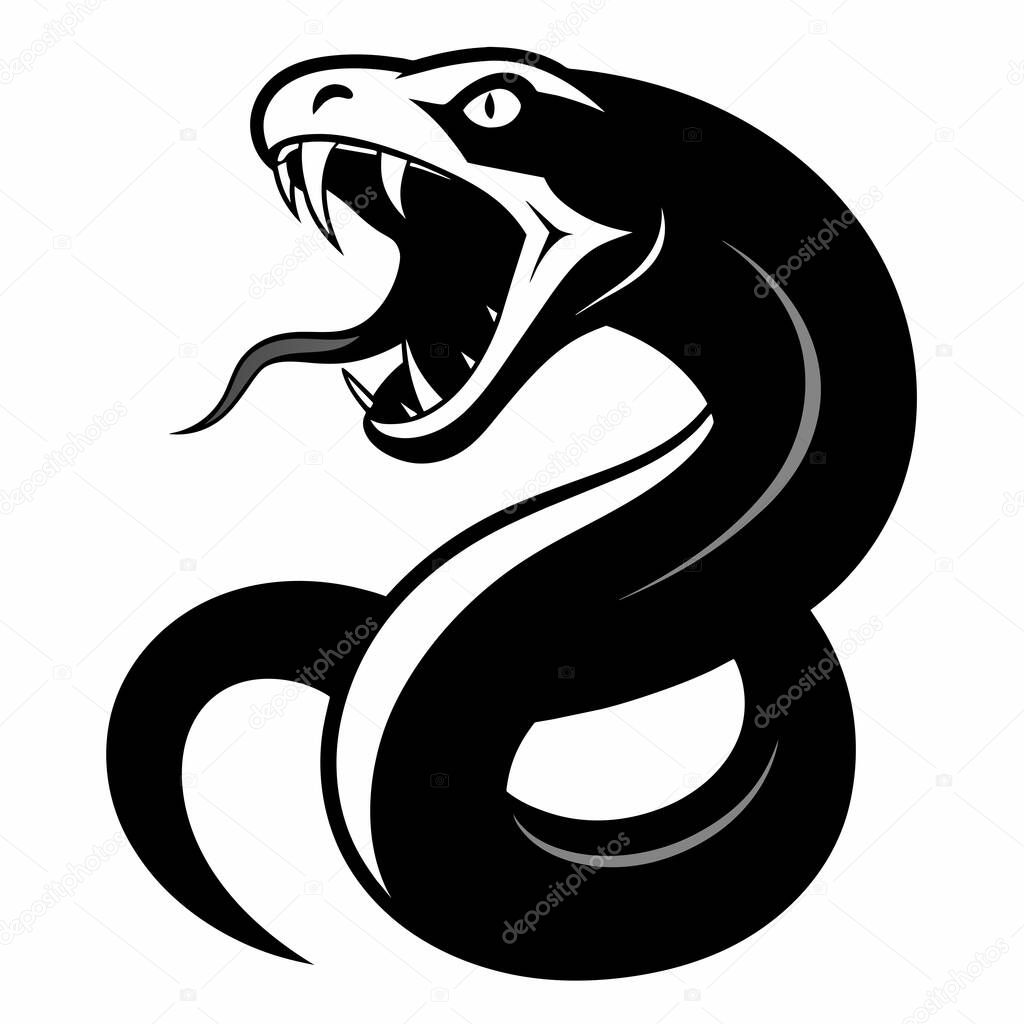 A coiled snake with an open mouth and forked tongue