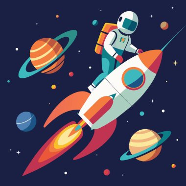 Bir astronot, gezegenleri ve yıldızları olan renkli bir uzayda rokete biniyor..