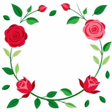 Çiçekli bir arka plan, kırmızı ve pembe güller, küçük yeşil yapraklar ve tomurcuklar..