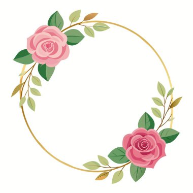 Altından bir çerçevesi, pembe gülleri ve yeşilliği olan beyaz bir arka plan.