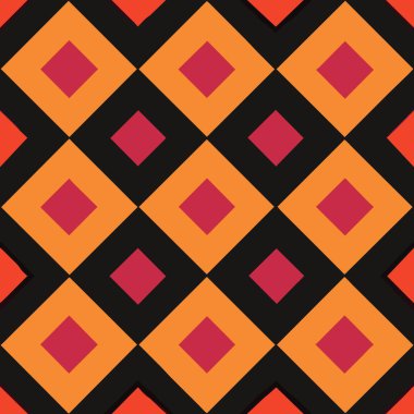 Turuncu, pembe ve sarı arkaplanda elmas şekilli renkli bir geometrik desen.