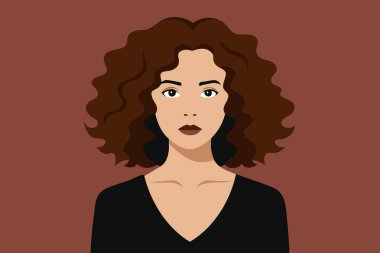 a digital illustration of a woman with curly brown hair and a black top. She has a prominent nose and full lips.