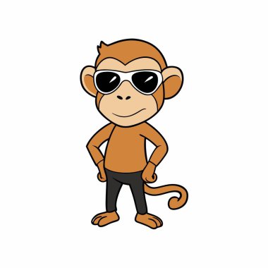 Güneş gözlüklü bir çizgi film maymunu, beyaz arka planda duruyor.