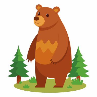 Şirin kahverengi ayı arka ayaklarının üzerinde duruyor. Kafası karışmış sevimli boz ayı. Orman hayvanı, orman sakini. Sibirya taygası ya da Avrasya faunası. Beyaz arkaplanda düz izole vektör çizimi.