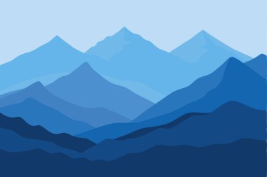 Yumuşak mavi bir eğim ve puslu atmosferik gökyüzü ile minimalist bir manzara çizimi tarzında bir dağ sırası.