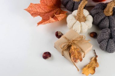 Süslü balkabakları, hediyeler, dökülen yapraklar, kestaneler. Geleneksel sonbahar dekorasyonu. Şükran Günü konseptin kutlu olsun. Karşılama ya da davet kartı boş, 