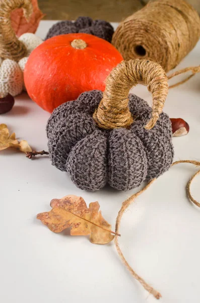 Süslü balkabakları, hediyeler, dökülen yapraklar, kestaneler. Geleneksel sonbahar dekorasyonu. Şükran Günü konseptin kutlu olsun. Karşılama ya da davet kartı boş, 