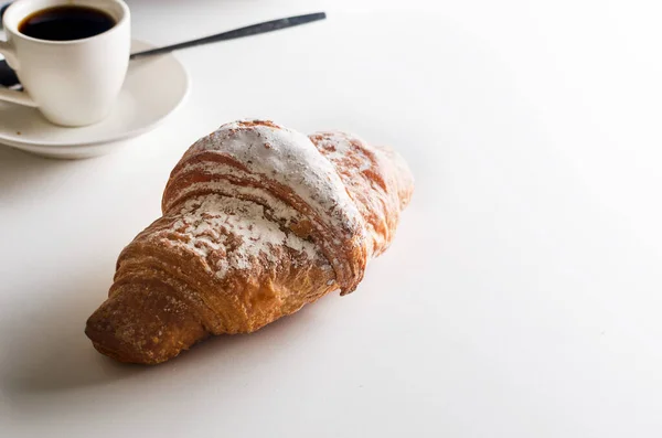 Freshly Baked French Croissant Breakfast Plate Cup Hot Coffee White — Foto de Stock