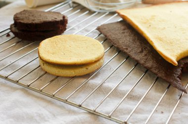 Metalik pişirme ızgarasında taze ev yapımı vanilya ve çikolatalı kek. Bento kek pişirmek için kekler. Kahve fincanında kek, yeni şekerleme modası, mini kek, modaya uygun pasta.