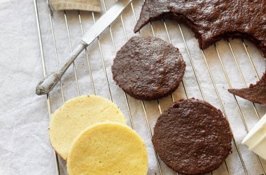 Metalik pişirme ızgarasında taze ev yapımı vanilya ve çikolatalı kek. Bento kek pişirmek için kekler. Kahve fincanında kek, yeni şekerleme modası, mini kek, modaya uygun pasta.