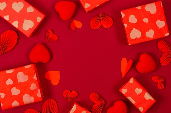 Red Hearts Confetti Gifts Boxes Red Background Valentine Day Concept — Fotografia de Stock