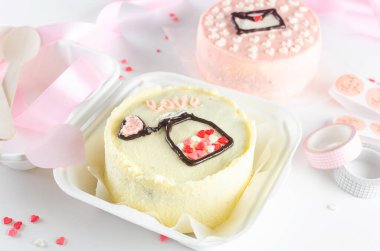 Trendy bento cake with cute decor on light background. Cake for Valentine's Day, Mother's Day or Birthday, Love Forever Message, Romantic Bento Cake for Two