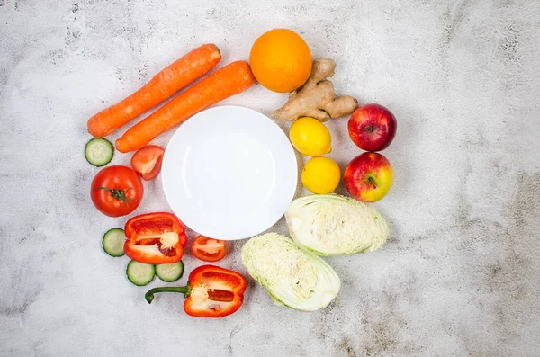 Seasonal Fresh Fruit Vegetables Grey Background Vegetarian Vegan Diet Sustainable — Stockfoto
