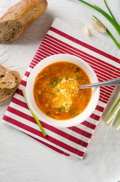 White Plate Red Borsch Table Traditional Ukrainian Vegetable Soup Made — Stock Fotó